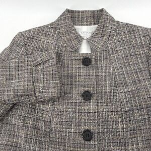 Tahari Arthur S Levine Womens 6 Tweed Blazer Jacket Mock Neck Button Front Grey